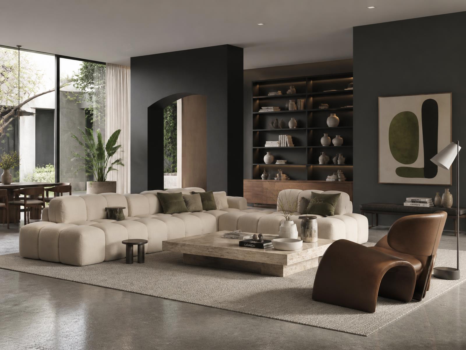 Render arquitetônico de living com móveis Tom Sobre Tom